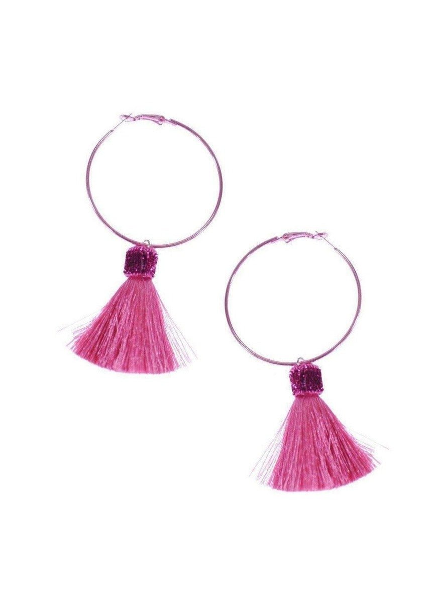 Shop Suzywan DELUXE Suzywan DELUXE Fuchsia Tassel Hoop Earrings online at Spoiled Brat