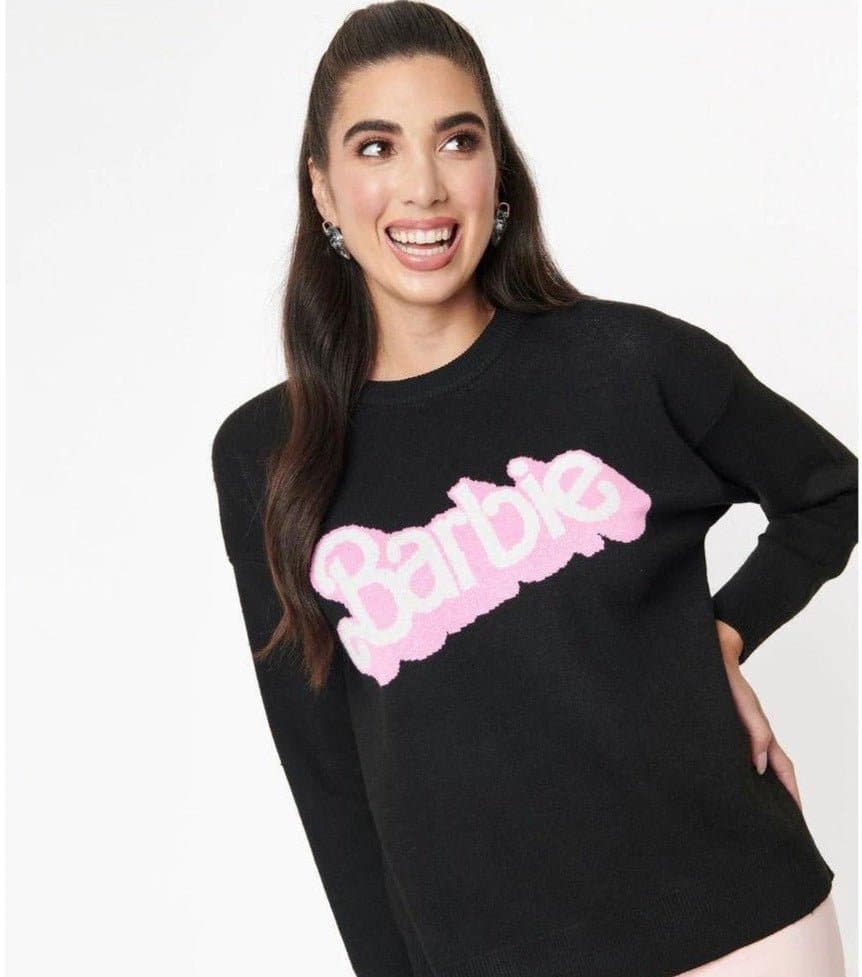 Shop Unique Vintage Barbie x Unique Vintage Black Barbie Logo Sweater Sweatshirt for women – premium loungewear and festival fashion at Spoiled Brat