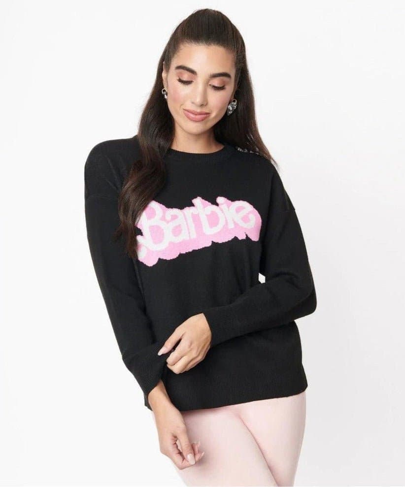 Shop Unique Vintage Barbie x Unique Vintage Black Barbie Logo Sweater Sweatshirt for women – premium loungewear and festival fashion at Spoiled Brat