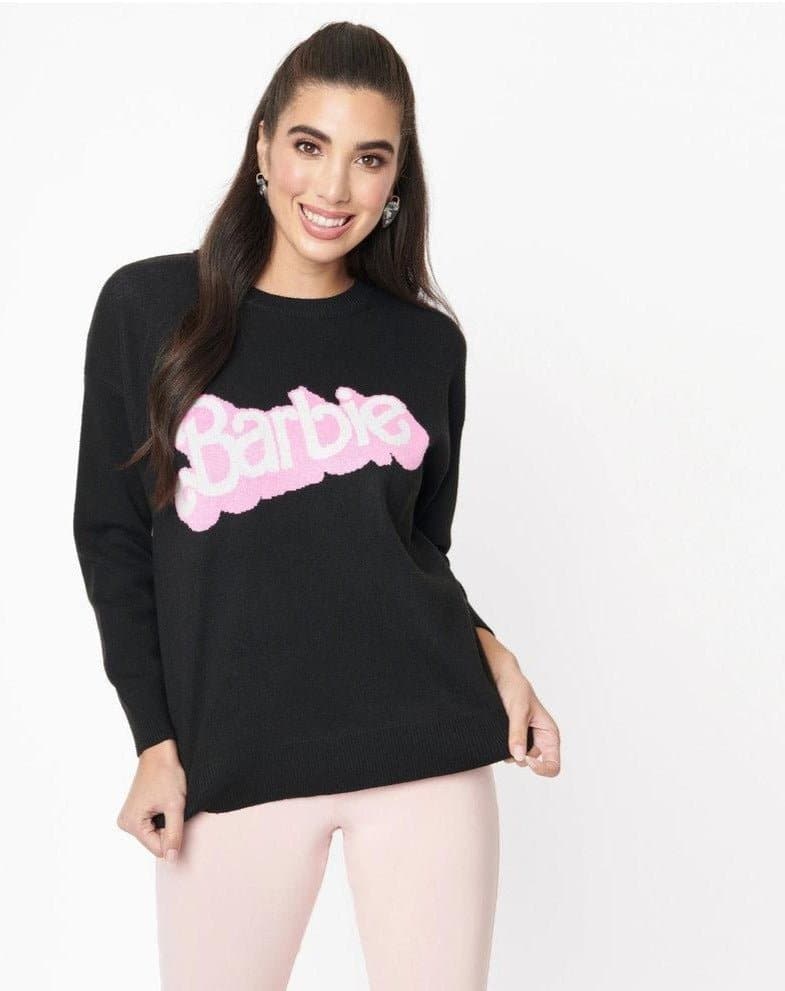 Shop Unique Vintage Barbie x Unique Vintage Black Barbie Logo Sweater Sweatshirt for women – premium loungewear and festival fashion at Spoiled Brat