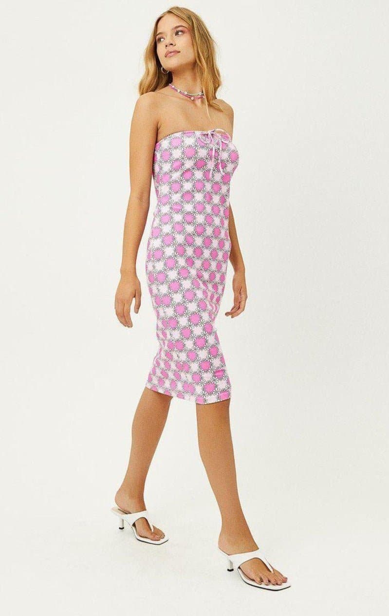 Shop Frankies Bikinis Frankies Bikinis Hope Strapless Terry Dress in Pink Daisy Midi Dress for women – premium loungewear and festival fashion at Spoiled Brat