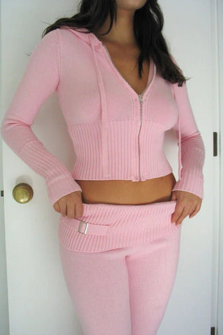 Shop Frankies Bikinis Aimee Zip Up Cloud Knit Hoodie in Valentine Pink as seen on Addison Rae - Spoiled Brat  Online