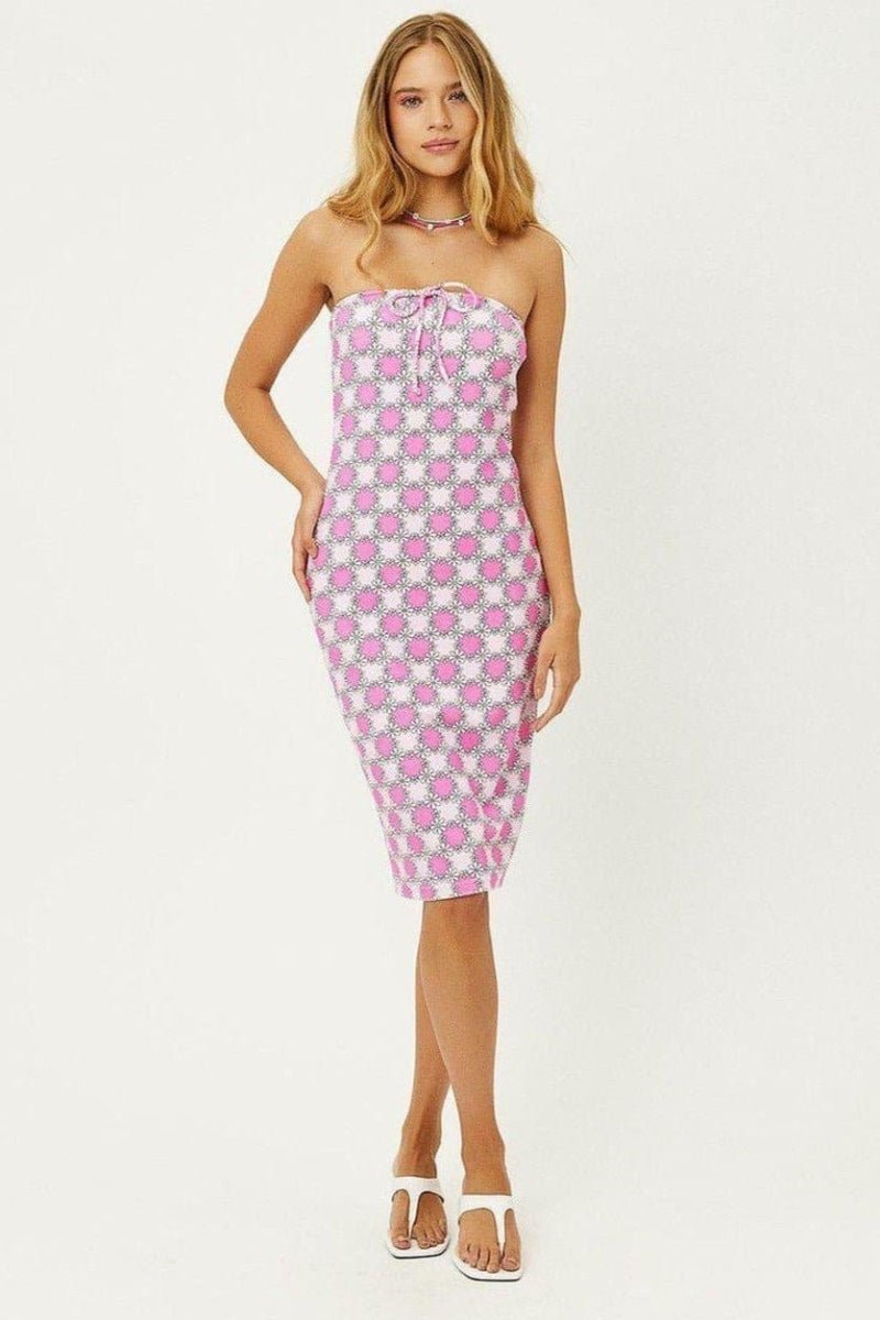 Shop Frankies Bikinis Frankies Bikinis Hope Strapless Terry Dress in Pink Daisy Midi Dress for women – premium loungewear and festival fashion at Spoiled Brat