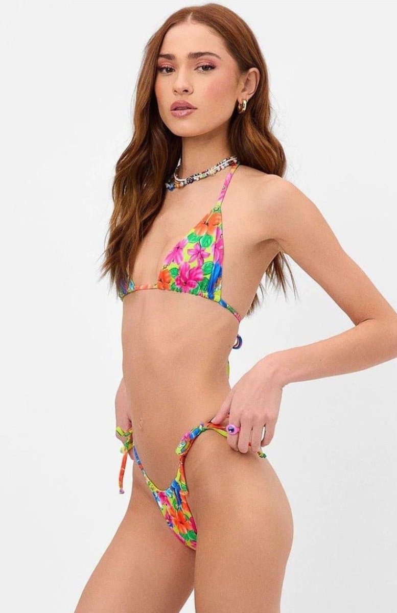 Shop Frankies Bikinis Frankies Bikinis Tia Floral String Bikini Bottom in Neon Surfer Bikini Bottoms for women – premium loungewear and festival fashion at Spoiled Brat
