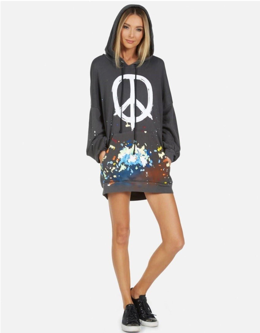 Shop Lauren Moshi Lauren Moshi Desiree Brush Peace Hoodie Dress Hooded Sweatshirt for women – premium loungewear and festival fashion at Spoiled Brat