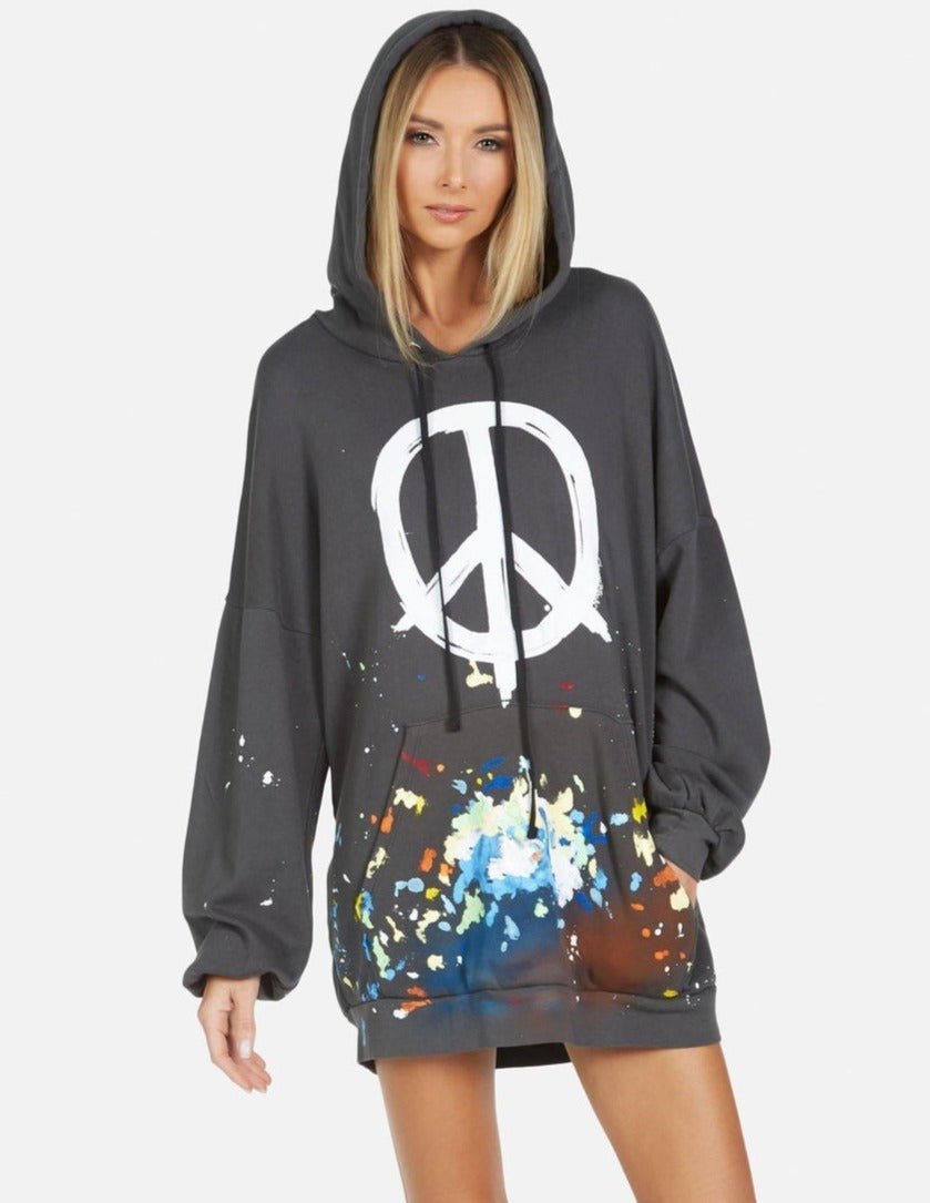 Shop Lauren Moshi Lauren Moshi Desiree Brush Peace Hoodie Dress Hooded Sweatshirt for women – premium loungewear and festival fashion at Spoiled Brat