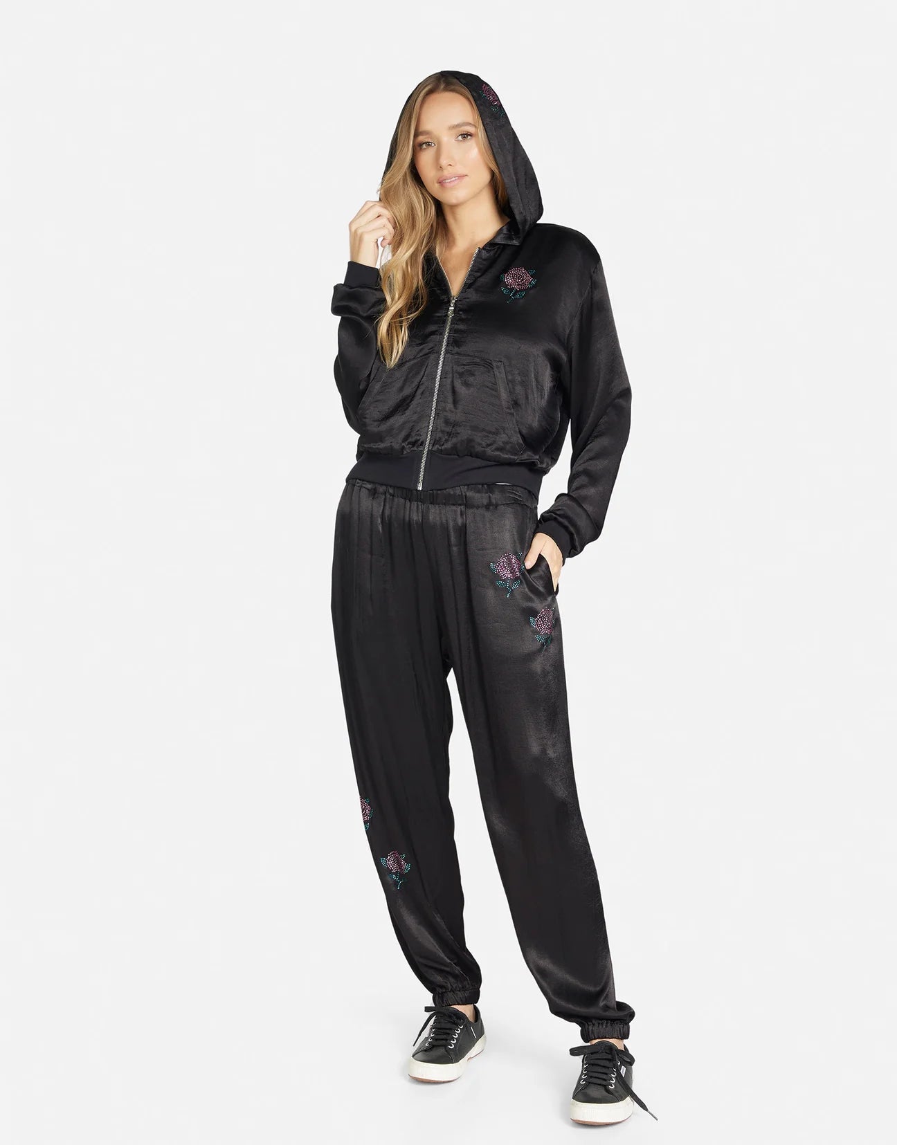 Lauren Moshi Kathleen Crystal Roses Satin Bomber Jacket - Spoiled Brat