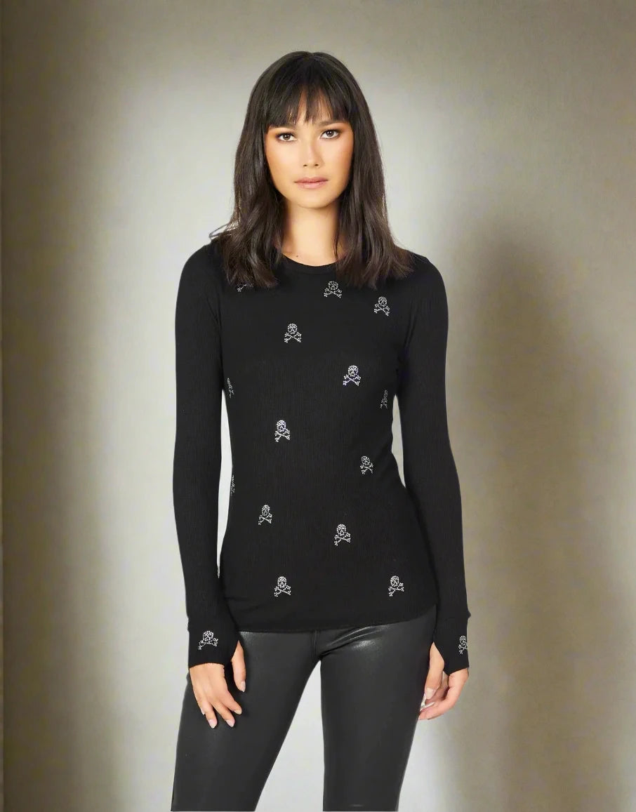 Shop Lauren Moshi Lauren Moshi McKinely Mini Crystal Cross Bone Skulls Long Sleeved Top online at Spoiled Brat