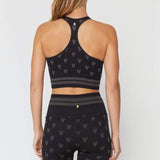 Shop Spiritual Gangster Spiritual Gangster High Neck Jacquard Seamless Black Sports Bra as seen on Miranda Cosgrove Vest Top for women – premium loungewear and festival fashion at Spoiled Brat