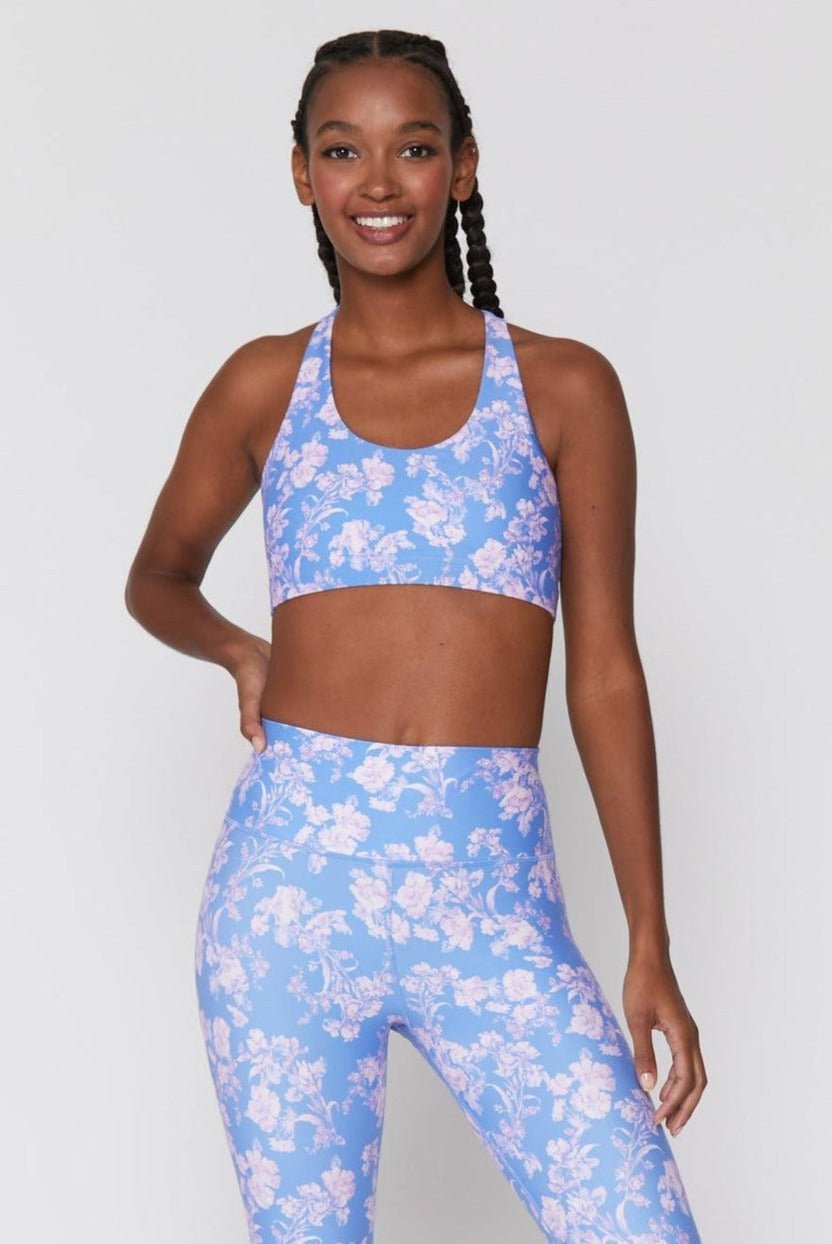 Spiritual Gangster Studio Eco Jersey Sports Bra in Jacaranda Print Cropped Top by Spiritual Gangster as seen on celebrities