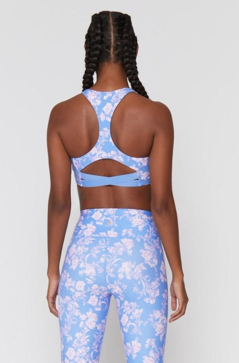 Shop Spiritual Gangster Spiritual Gangster Studio Eco Jersey Sports Bra in Jacaranda Print Cropped Top for women – premium loungewear and festival fashion at Spoiled Brat