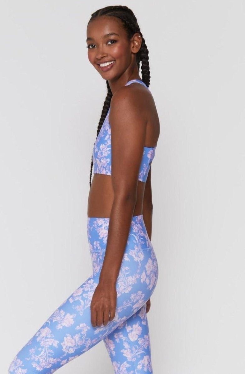 Shop Spiritual Gangster Spiritual Gangster Studio Eco Jersey Sports Bra in Jacaranda Print Cropped Top for women – premium loungewear and festival fashion at Spoiled Brat