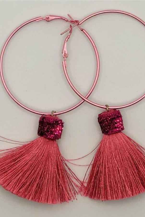 Suzywan DELUXE Fuchsia Tassel Hoop Earrings