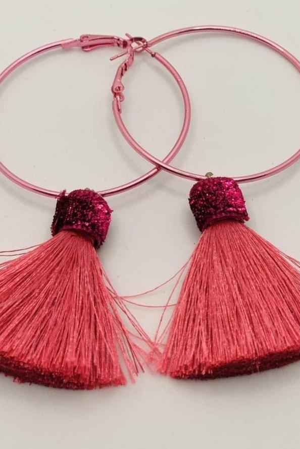 Suzywan DELUXE Fuchsia Tassel Hoop Earrings