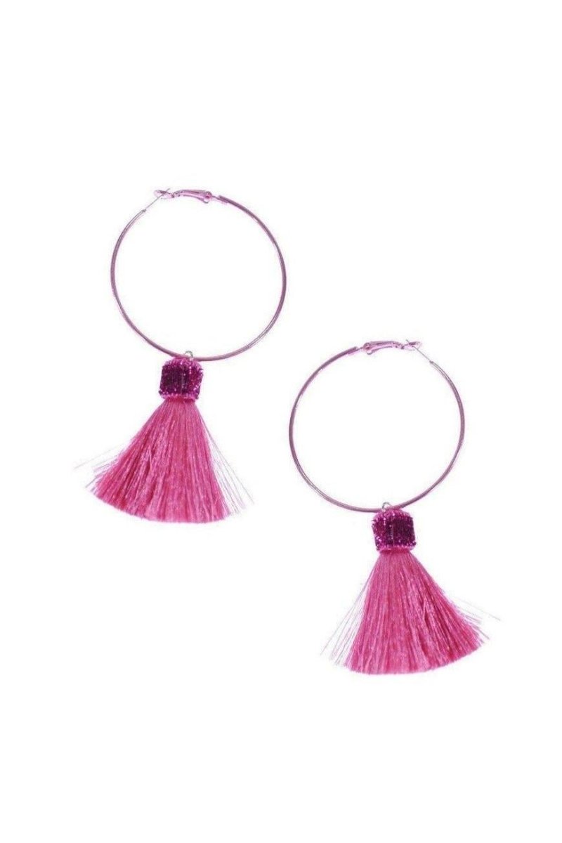 Shop Suzywan DELUXE Suzywan DELUXE Fuchsia Tassel Hoop Earrings Earrings for women – premium loungewear and festival fashion at Spoiled Brat