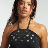 The Ragged Priest Coyote Rivet Denim Halter Dress by The Ragged Priest – Mini Dress – Black | Spoiled Brat UK