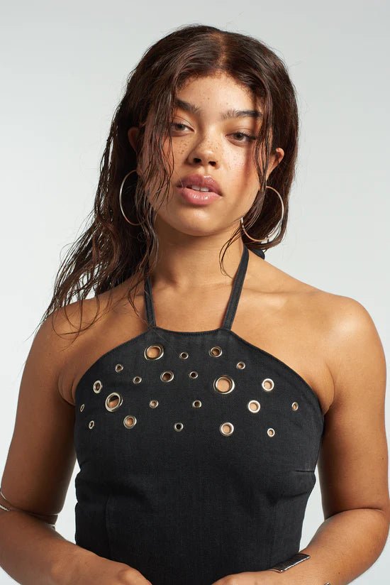 The Ragged Priest Coyote Rivet Denim Halter Dress by The Ragged Priest – Mini Dress – Black | Spoiled Brat UK