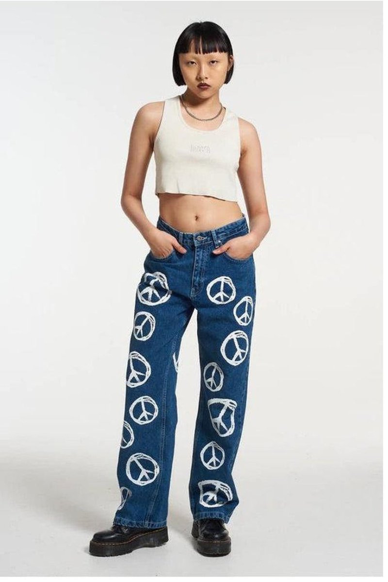 Shop The Ragged Priest The Ragged Priest Peace Printed Dad Jeans as seen on Chloe Sims Boyfriend Jeans for women – premium loungewear and festival fashion at Spoiled Brat