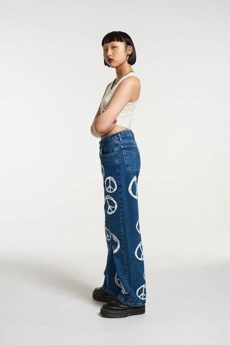 Shop The Ragged Priest The Ragged Priest Peace Printed Dad Jeans as seen on Chloe Sims Boyfriend Jeans for women – premium loungewear and festival fashion at Spoiled Brat