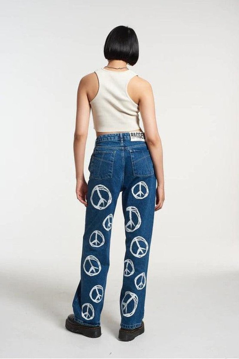 Shop The Ragged Priest The Ragged Priest Peace Printed Dad Jeans as seen on Chloe Sims Boyfriend Jeans for women – premium loungewear and festival fashion at Spoiled Brat