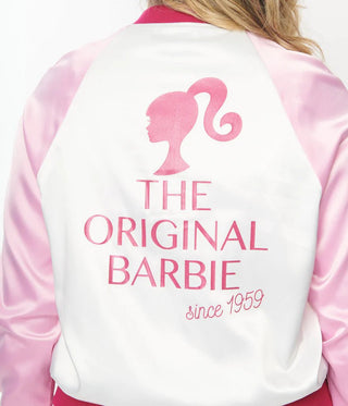 Shop Barbie x Unique Vintage Pink Satin Bomber Jacket - Premium Bomber Jacket from Unique Vintage Online now at Spoiled Brat 