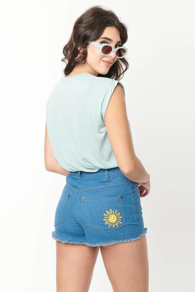 Shop Unique Vintage Care Bears x Unique Vintage Funshine Denim Shorts Shorts for women – premium loungewear and festival fashion at Spoiled Brat