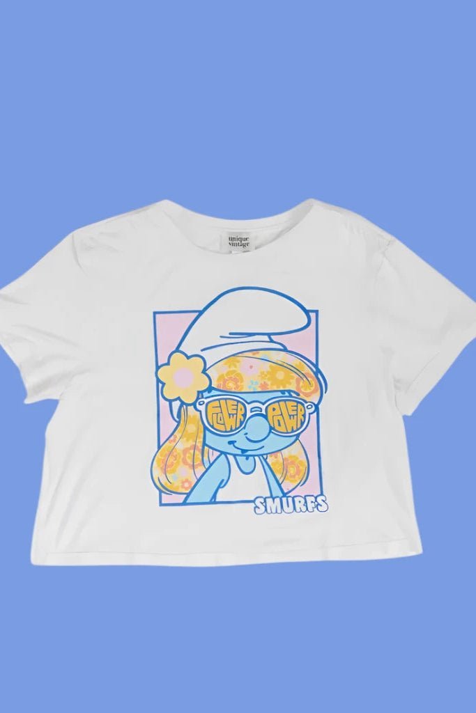 Shop Unique Vintage The Smurfs x Unique Vintage White Cropped Graphic Tee Top for women – premium loungewear and festival fashion at Spoiled Brat