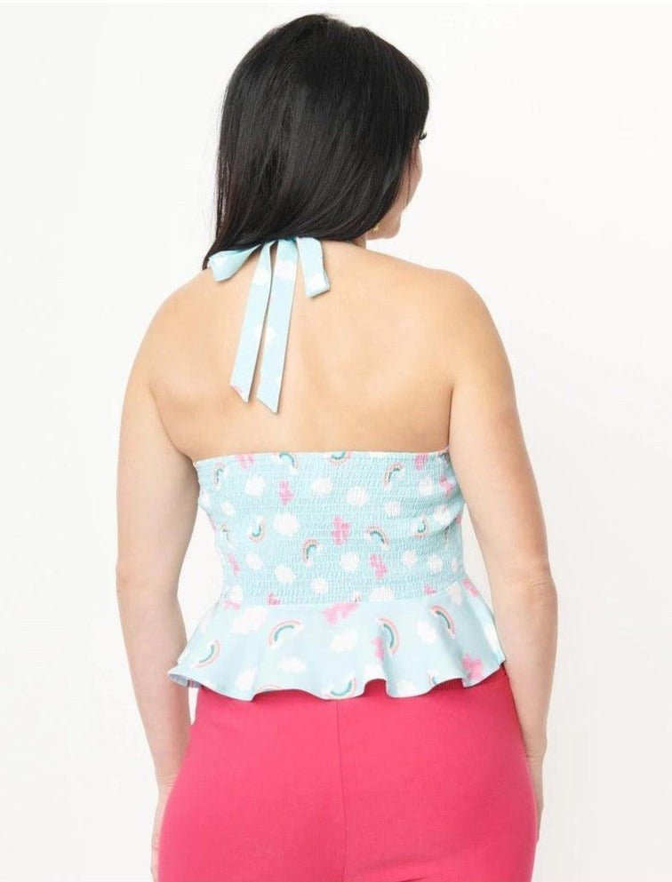 Unique Vintage Aqua & Rainbow Print Peplum Halter Top - Spoiled Brat