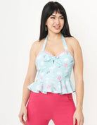 Unique Vintage Aqua & Rainbow Print Peplum Halter Top Top by Unique Vintage as seen on celebrities