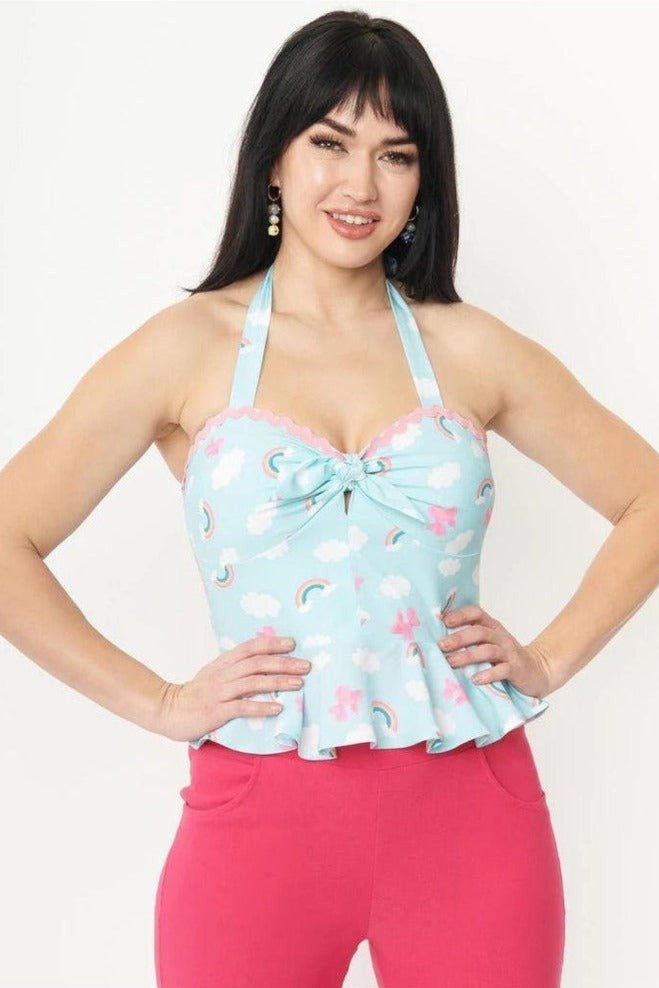 Shop Unique Vintage Unique Vintage Aqua & Rainbow Print Peplum Halter Top Top for women – premium loungewear and festival fashion at Spoiled Brat