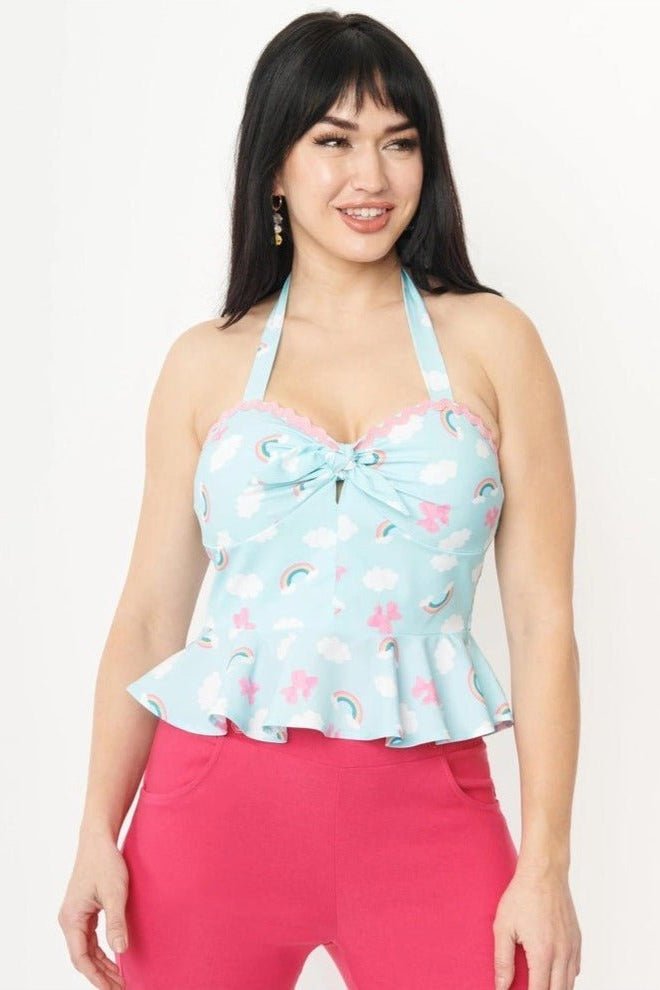 Shop Unique Vintage Unique Vintage Aqua & Rainbow Print Peplum Halter Top Top for women – premium loungewear and festival fashion at Spoiled Brat