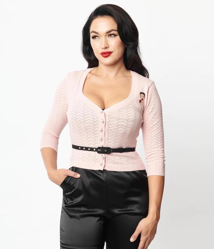 Unique Vintage Betty Boop x Unique Vintage Light Pink Sweetheart Cardigan Cardigan by Unique Vintage as seen on celebrities