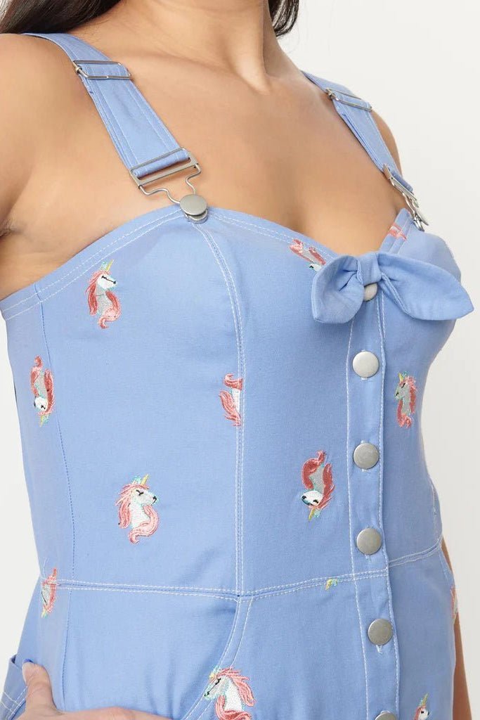 Shop Unique Vintage Unique Vintage Periwinkle Denim & Unicorn Fitted Pinafore Dress for women – premium loungewear and festival fashion at Spoiled Brat