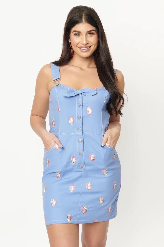 Shop Unique Vintage Unique Vintage Periwinkle Denim & Unicorn Fitted Pinafore Dress for women – premium loungewear and festival fashion at Spoiled Brat