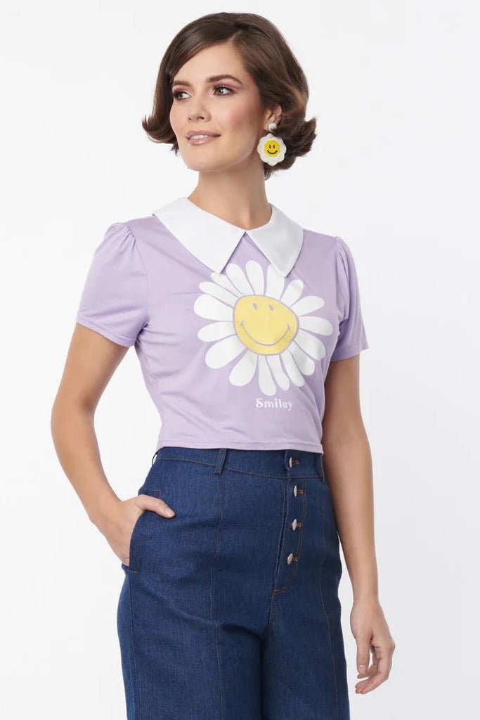 Shop Unique Vintage Unique Vintage x Smiley® Purple Flower Tee Top Top for women – premium loungewear and festival fashion at Spoiled Brat