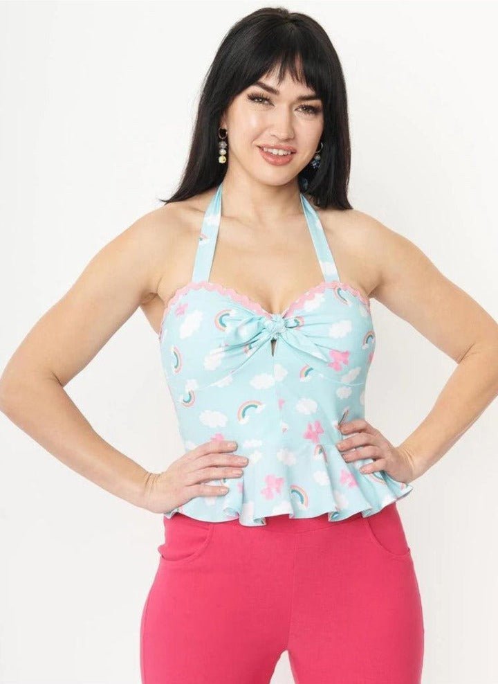 Shop Unique Vintage Unique Vintage Aqua & Rainbow Print Peplum Halter Top Top for women – premium loungewear and festival fashion at Spoiled Brat
